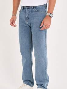 Men's Solid Color Pocket Casual Straight-Leg Jeans - Blue - View 12