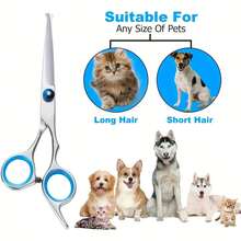 Professional Pet Grooming Scissors Set - Includes 1 Pair Of 6.5inch Thinning Shears, 1 Pair Of 6.5inch Curved Shears, 1 Pair Of 6.5inch Straight Shears, 1 Comb, 1 Cleaning Cloth, And 1 Black Storage Box - 藍色 - 查看 5