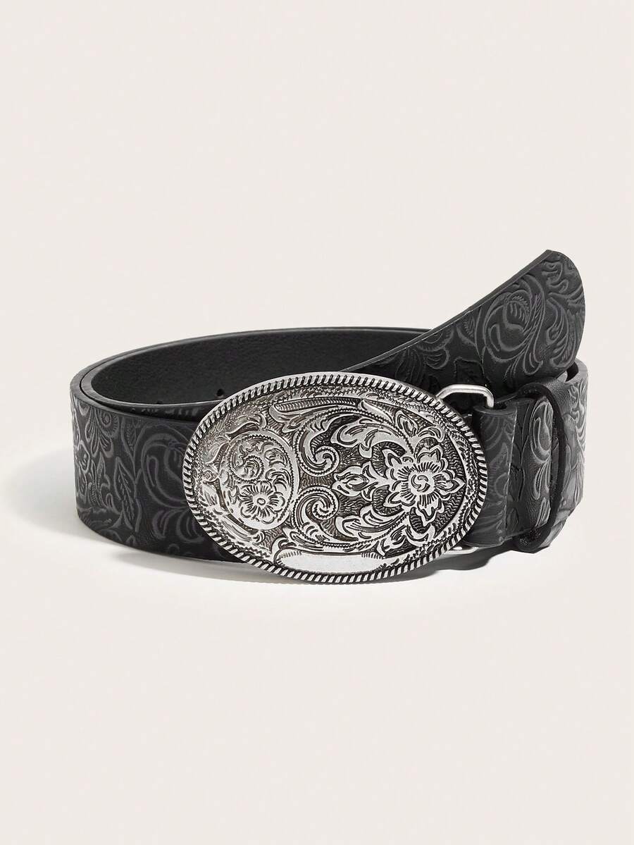 1 条女士复古合金 PU 葡萄图案腰带，适合日常佩戴 - 黑色 - 查看 1