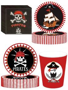 10pcs Theme Party Supplies Birthday Party Decoration Supplies Disposable Paper Plates Paper Towels Paper Cups Exquisite Crafts Fashion Match Party Pirate Skull Picnic Adventure