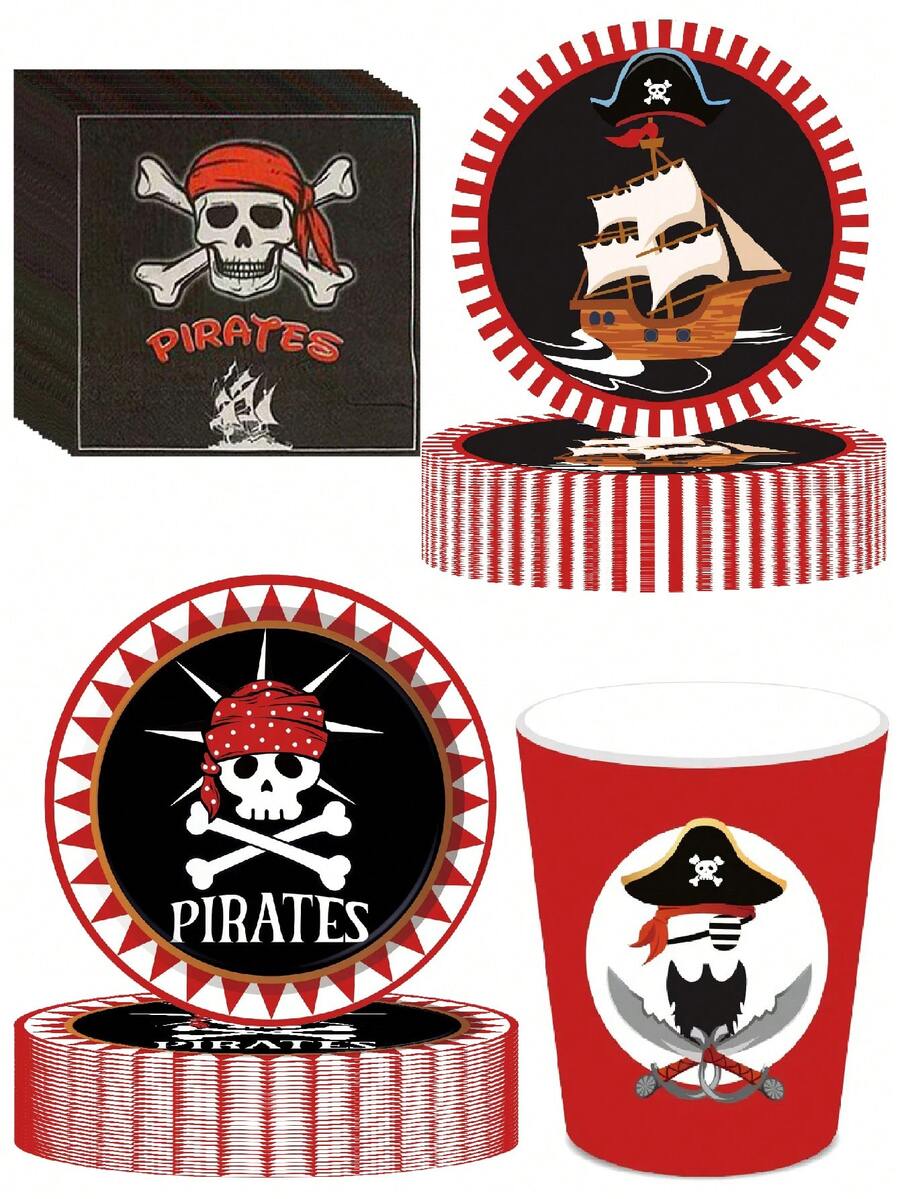 10pcs Theme Party Supplies Birthday Party Decoration Supplies Disposable Paper Plates Paper Towels Paper Cups Exquisite Crafts Fashion Match Party Pirate Skull Picnic Adventure