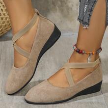 Zapatos casuales de mujer con cuña, puntera redonda, correa elástica y slip-on, para primavera/otoño - Albaricoque - Ver 11