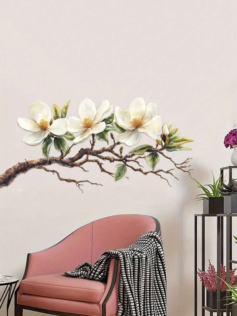 1 buc. Autocolant de perete elegant cu floare de magnolie albă - autoadeziv și detașabil din PVC, lavabil, potrivit pentru decorul camerei de zi și dormitorului