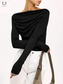 UMII Women's Black Off-The-Shoulder Draped Long Sleeve Top, Slim Fit Stretch Bodysuit, Sexy Casual Valentine's Day Date Night Blouse - Black - View 5