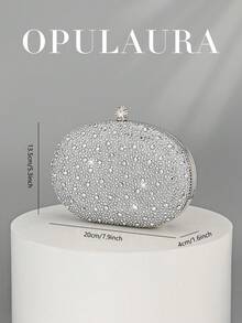 OpulAura 女士奢华闪亮水晶迷你盒形手拿包，闪耀水钻晚宴包，适合正式场合，时尚派对/婚礼/盛大晚宴手提包，带链条，婚礼用品 - 銀色 - 查看 5