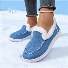 Fall/Winter 2025 Plush Slip-On Loafers Women Fuzzy Warm Slouchy Shoes Low-Top Snow Boots, Wear With Sweater - Màu xanh nhạt - Xem 4