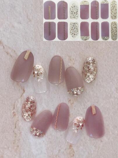 New 3D Gold & Pink Decorative Nail Stickers, DIY Combination Nail Art Accessories, Almond Nail Design
