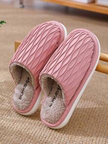 女士褶皱室内拖鞋，防水PU软底毛绒内里保暖露趾套脚平底拖鞋，粉色 - 粉色 - 查看 3