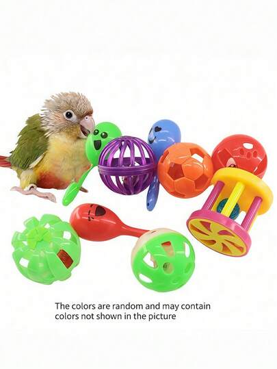 9 件鸟笼咀嚼玩具训练套装，彩色互动益智玩具，多种颜色宠物爪子发声球和铃铛