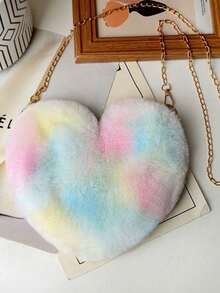 毛绒心形零钱包，蓬松手提包，柔软小巧的金属链单肩包，完美的趣味新奇礼物，最佳秋季钱包，理想的情人节服装配饰 - 彩色 - 查看 7