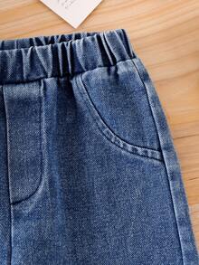 2 件套女婴休闲套装,包括带 3D 蝴蝶结装饰的圆领长袖上衣和带 3D 蝴蝶结饰边袖口的松紧腰牛仔裤,适合春秋季节 - 酒紅色 - 查看 6