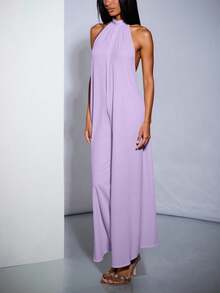 Jumpsuit de mujer, elegante sexy tejido liso holgado cuello alto sin mangas primavera verano fiesta largo - Lila Púrpura - Ver 2