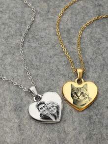 1件个性化照片心形项链，可定制刻字照片项链，个性化照片项链，方形心形照片项链，送给妈妈/妻子的礼物，不锈钢银色、金色、黑色项链，可定制刻字照片吊坠项链，周年纪念日、情人节、圣诞节、万圣节礼物 - 彩色 - 查看 3