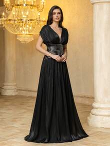 V领蝙蝠袖镂空水钻拼接喇叭下摆褶皱面料派对晚礼服婚礼春季 - 黑色 - 查看 7