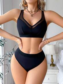 Conjunto de sutiã e calcinha sem aro preto feminino, sutiã e calcinha de malha sexy com patchwork fino e confortável estilo nadador - Preto - Ver 4