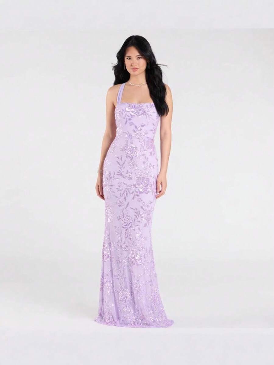 Lexie Floral Sequin Lace-Up Mermaid Dress - màu tím nhạt - Xem 1
