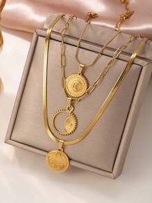 3pcs Fashion Delicate Stainless Steel Flower Butterfly Rabbit Engraved Decoration Women'S Layered Necklace Set Suitable For Daily Use With Gold Prom Jewelry Necklace - Gold 6 - View 17