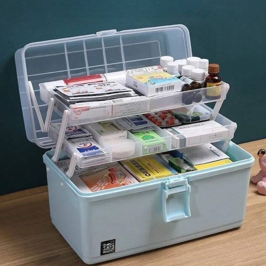 1 pieza Caja de almacenamiento de plástico de 3 capas, caja de almacenamiento multiusos, caja de herramientas plegable para el hogar, estuche portátil para manualidades, organizador de suministros de costura, caja de medicamentos