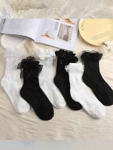 2/3/6双蝴蝶结中筒袜简约白蝴蝶结黑色蕾丝边女袜日式甜美洛丽塔蕾丝JK袜四季袜 - 彩色 - 查看 3