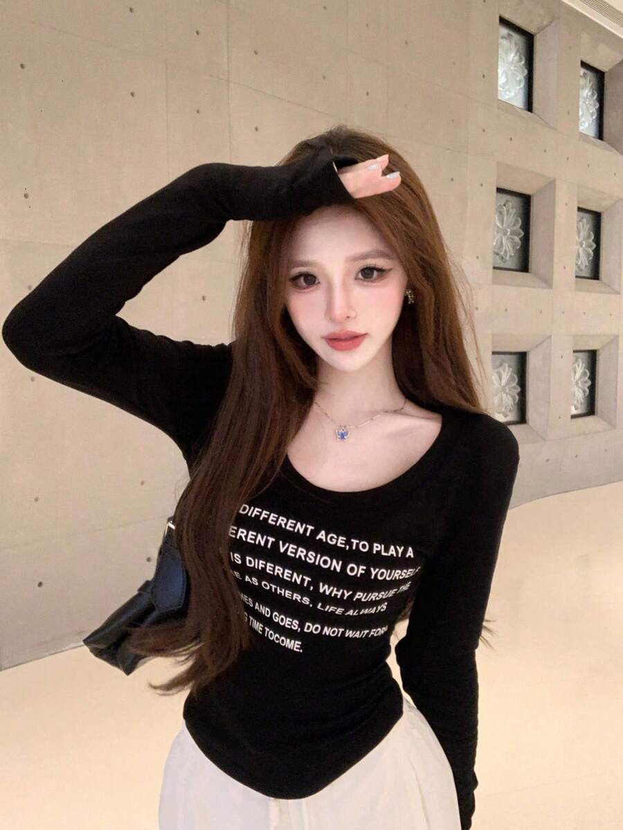 复古辣妹字母印花加厚长袖打底修身上衣，秋冬