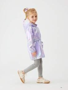 1 pieza Chaqueta casual con capucha iridiscente para niña, primavera/otoño, chaqueta bomber de longitud media unisex de moda, prenda exterior versátil