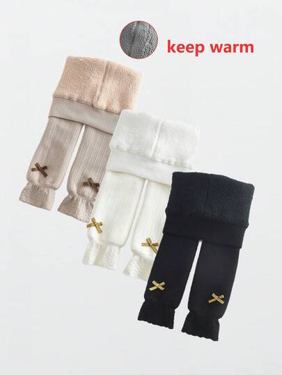 1 件装女婴厚连裤袜，带蝴蝶结装饰，秋冬款