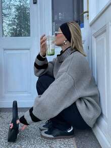 Modny damski, sportowy, casualowy sweter na jesień i zimę w stylu retro z żakardowym wzorem, zapięcie na zamek błyskawiczny z wysokim kołnierzem, długi sweter z dzianiny