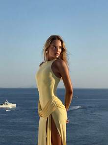 Women's Solid Color Sexy Slit Draped Party Dress, Cocktail Banquet Christmas Halloween Dress, Elegant - Yellow - View 6