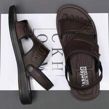 男士黑色皮革双带复古时尚露趾凉鞋，透气便捷防滑休闲凉鞋，适合春夏季 - 棕色 - 查看 3