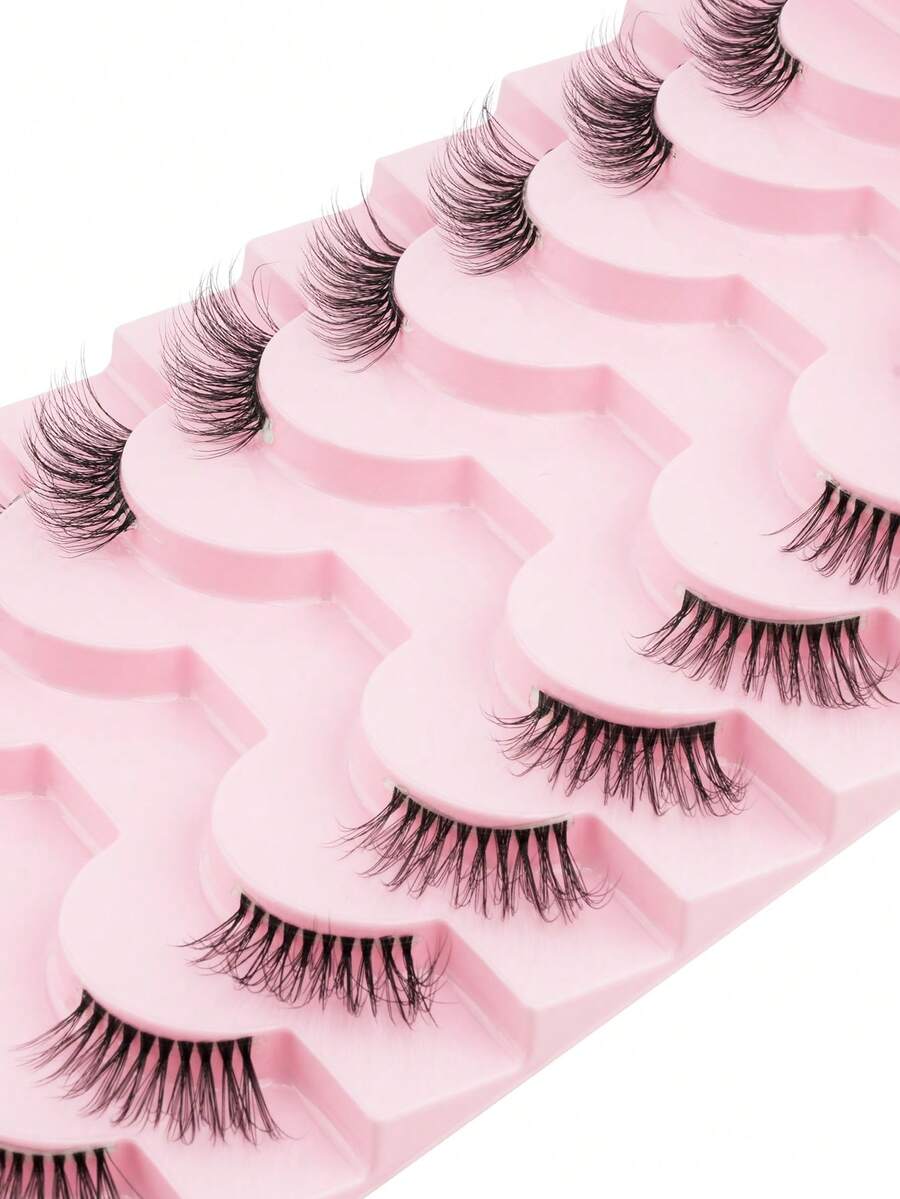 10 Pairs 3D Faux Mink Eyelashes With Transparent Stems, Elongated Winged Style, Suitable For Daily Wear By Women - 黑色 - 查看 1