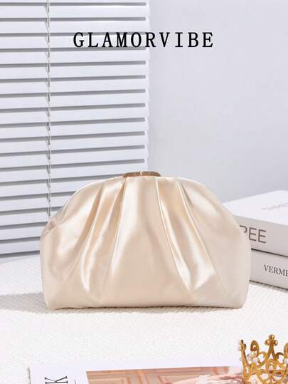 1pc Women's Evening Bag, Autumn/Winter Vintage Luxury Satin Clutch Purse, Shiny Metal Clip Design Fashion Party Handbag, Formal Event Clutch, High-End Wallet With Chain, Suitable For Party/Wedding/Formal Occasion, Daily Commute, Dating, Holiday, Travel, Gift For Girlfriend, Mom, Birthday