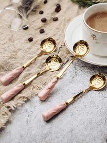 1 pieza Cuchara de café con mango de cerámica y diseño floral de acero inoxidable - Rosa - Ver 1