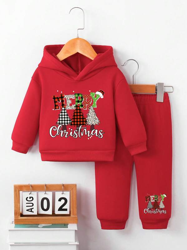 Baby Mädchen Lässig Süß Weihnachts Buchstaben Muster Rundhals Thermisch Gefütterte Kapuzen Sweatshirt Set, Herbst/Winter