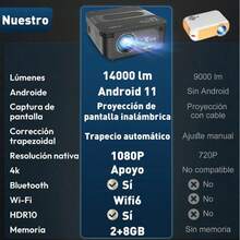 Proyector pequeño, proyector LED profesional, proyector Android 4K, miniproyector, 1920x1080, Wi-Fi de doble banda de 2,4/5/6 GHz, Android 11, 14 000 lúmenes, función de corrección automática de distorsión trapezoidal giroscópica, compatible con rotación de imagen de 360°, reducción de ruido avanzada, altavoces estéreo integrados para un sonido de alta calidad, varios puertos, enfoque manual, compatible con varios idiomas, tecnología de protección ocular.