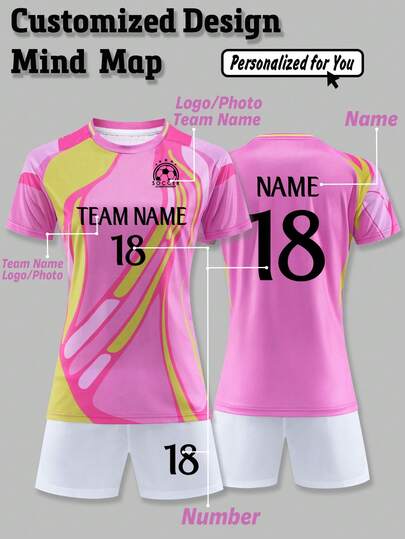 2pcs Personalized Women's Athletic Soccer Jersey-Customized Club Name,Number And Photo Print Tank Top+Shorts Sports Set &Casual Wear Spring/Summer
