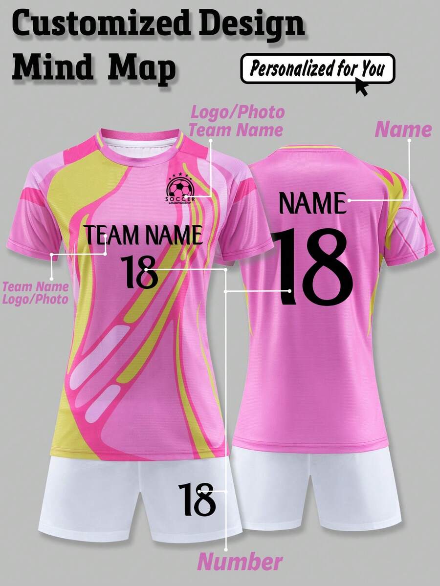 2pcs Personalized Women's Athletic Soccer Jersey-Customized Club Name,Number And Photo Print Tank Top+Shorts Sports Set &Casual Wear Spring/Summer