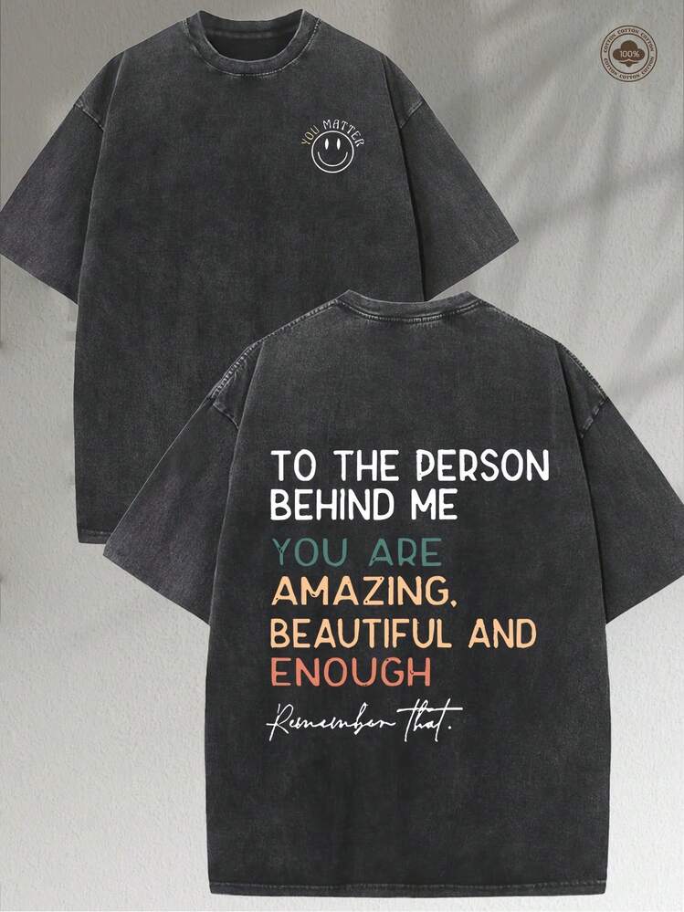 To The Person Behind Me... Text Graphic Black Short Sleeve Tee,Fashion Street Pattern Short-Sleeve Pure Cotton Double-Sided Washed T-Shirt - 黑色 - 查看 1