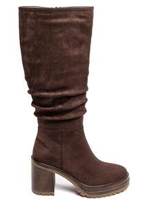 Boots And High Heels Made Of Suede Material, Featuring Ruched Effect, Sturdy Chunky Heel And Cutout Sole. - Brown - View 3