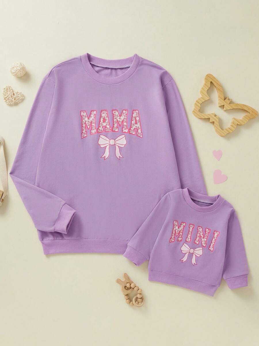 Mommy And Me Matching Outfits Mama And Mini Long Sleeve Crewneck Pullover Tops Mother Baby Sweatshirt Clothes - Màu tím - Xem 1