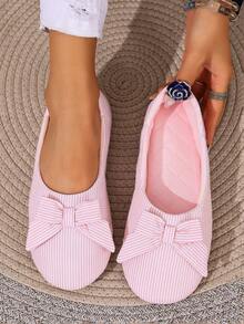 女士蝴蝶结条纹家居拖鞋，透气防滑柔软粉色一脚蹬露背凉鞋 - 淺粉色 - 查看 2