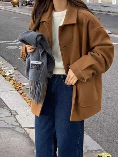 Women's Brown Short Coat, Chic And Elegant Fall Outerwear, Perfect For Creating A Stylish Look In Autumn