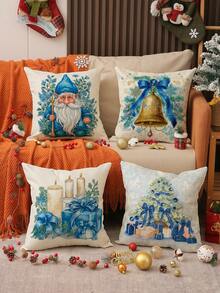 1 pieza/4 piezas Funda de almohada de lino con estampado de árbol de Navidad y duende regalo, 17.7*17.7 pulgadas/45X45cm, funda de cojín decorativa para habitación, dormitorio, sofá, sin relleno de almohada