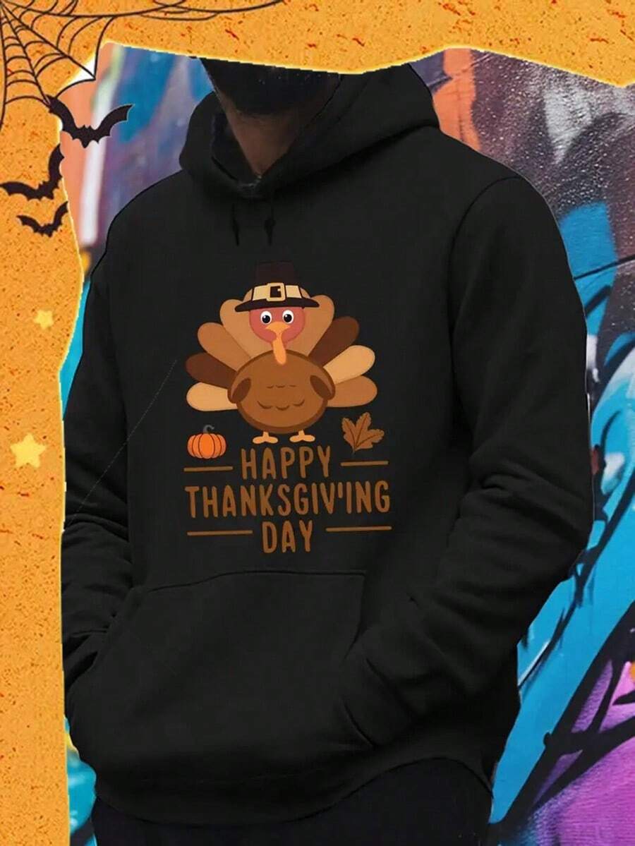 [Free Shipping]Men's Fashion Hoodie - Happy Thanksgiving Day Turkey Print, Casual Long Sleeve Hooded Sweatshirt, Soft Knitted Pullover, Comfortable Regular Fit - For Men - Perfect For Fall & Thanksgiving - Idea,Fall Hoodies,Men's Fall Clothes,Street Wear,Halloween,Mens Hoodies,Y2k Clothes,Jesus Hoodie,Thanksgiving Day,Nightmare Before Christmas,Christmas,Street Fashion, Sporty Casual, All Season, Y2K Clothing, Christmas, Gift For Boyfriend,Printed & Shipped In USA - Black - View 1
