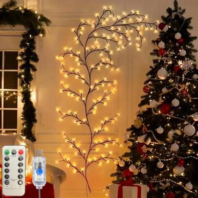 1 件 72/96/144 LED 8 模式 USB 树藤灯串，带遥控器，暖白光，仙女树枝设计，用于花园庭院墙壁节日装饰，无需电池，包括光源，商业照明圣诞装饰圣诞节装饰圣诞树礼物装饰感恩节婚礼家居装饰家居装饰秋季装饰秋季装饰生日装饰礼物派对用品室内室外花园节日装饰万圣节装饰墙壁装饰万圣节装饰品
