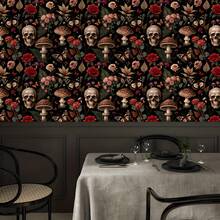 1Roll Halloween Gothic Style Wallpaper, Red Rose Skull Butterfly Seamless Splicing PET Wall Sticker, Removable No Glue Residue Contact Paper, - Multicolor - View 8