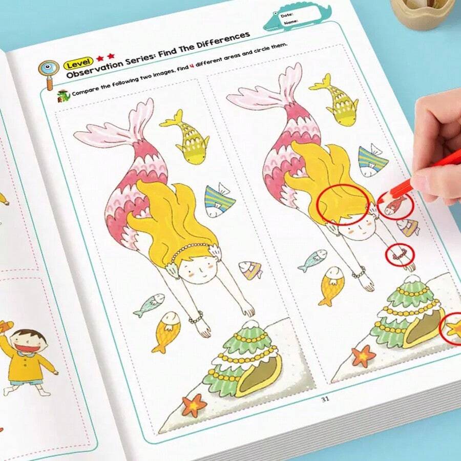 Libro de actividades de 32 páginas con desafíos visuales de descubrimiento y búsqueda de diferencias - Azul - Ver 1
