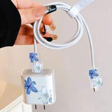 Ốp lưng bảo vệ sạc Apple họa tiết hoa tối giản, phù hợp với cáp sạc 20W 15, cáp dữ liệu điện thoại 16 Pro Max, ốp lưng bảo vệ 13/14 Plus, chống uốn cong và chống mèo cắn - Xanh và trắng - Xem 1