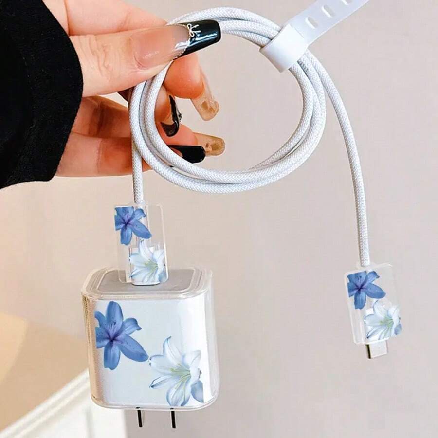 Ốp lưng bảo vệ sạc Apple họa tiết hoa tối giản, phù hợp với cáp sạc 20W 15, cáp dữ liệu điện thoại 16 Pro Max, ốp lưng bảo vệ 13/14 Plus, chống uốn cong và chống mèo cắn - Xanh và trắng - Xem 1