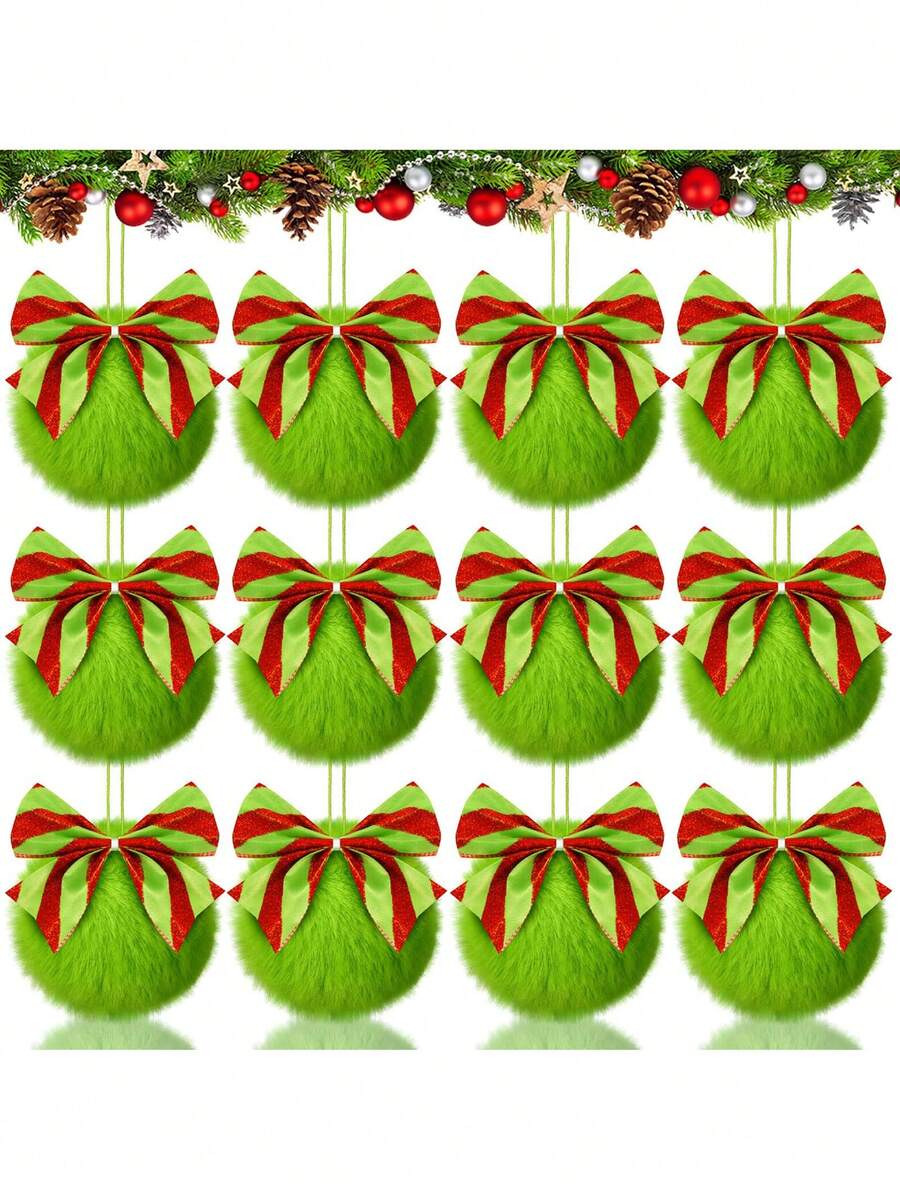 6pcs Lime Green Plush Christmas Ball Ornaments With Colorful Bows, Christmas Green Plush Hanging Decorations, Christmas Ball Ornaments, Christmas Tree Decorative Balls - Suitable For Christmas Tree Decoration, Party Decoration, Gifts, Christmas Decoration, Christmas Tree Hanging Decorations, Holiday Hanging Decorations, Home Decoration, Room Decoration, Winter Christmas Decoration, Christmas Gifts, Christmas Decoration - Multicolor - View 1