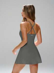 PinkTip 1pc Women's Versatile Backless Elastic Dress, Solid Color Minimalist Waist Cinched Casual Sports Dress, Autumn/Winter Summer - Xám - Xem 3